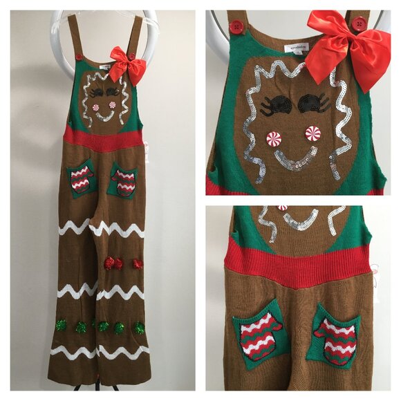 NWT EYESHADOW Gingerbread Woman Cookie Peppermint Mitten Christmas Knit Overalls - Picture 1 of 16